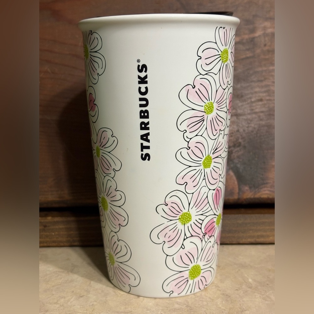 Starbucks White Travel Cup with Pink Floral Design and VA (Virginia) logo